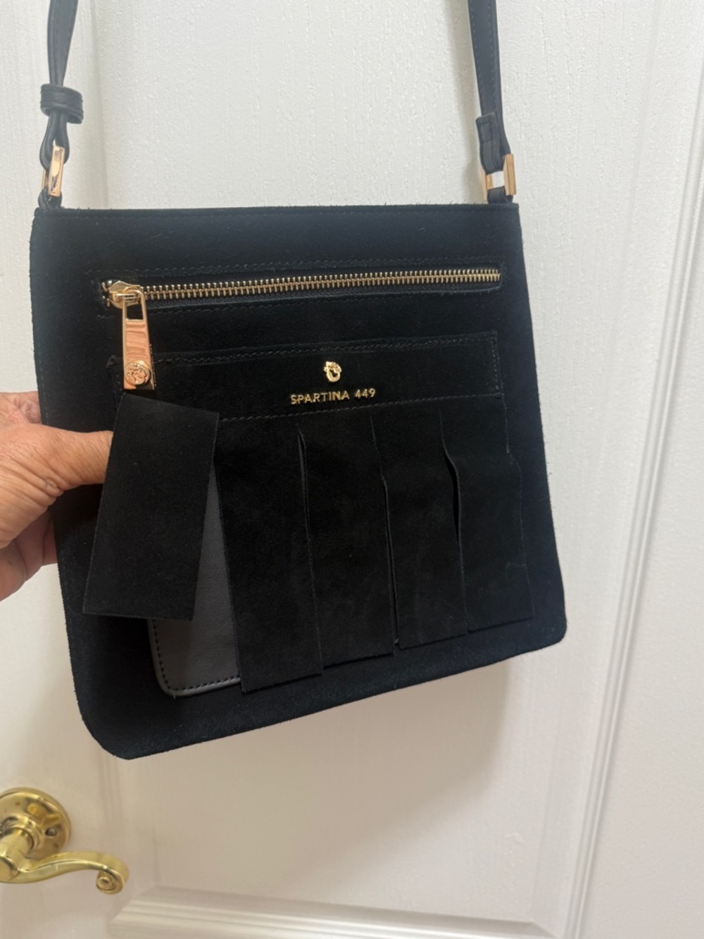 Spartina 449 Black Suede Fringe Crossbody with Gold Hardware